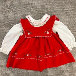 Vintage Red Velvet Baby Dress Set 12M Embroidered Heirloom Floral Outfit